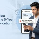Modern blog banner featuring a young Indian employee viewing a smartphone screen with an alert reading 'EPF Withdrawal < 5 Years: Taxable'. The design uses a clean, professional soft blue and white theme with subtle icons representing financial savings and tax regulations.
