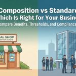 A split-screen comparison illustration featuring a "Local Shop" on the left representing the Composition Scheme and a "Corporate Office & Factory" on the right representing Standard GST, with text overlay asking "Which Is Right for Your Business?"