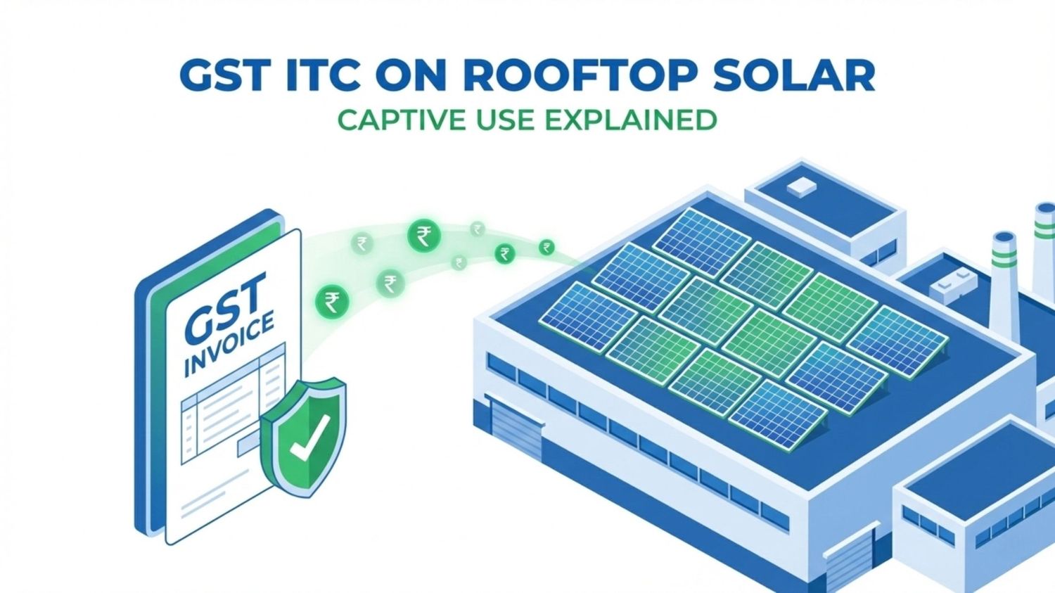 Illustration of an industrial building with rooftop solar panels, GST invoice graphics, and rupee symbols, representing Input Tax Credit eligibility for captive use.