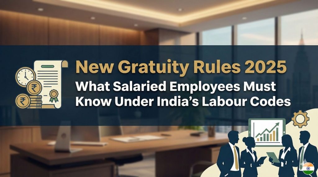 Blog banner illustration featuring a group of professional Indian employees, a calculator, and stacks of gold coins with the Indian Rupee symbol. The text 'New Gratuity Rules 2025' is prominently displayed, followed by the subtitle 'What Salaried Employees Must Know Under India’s Labour Codes'.