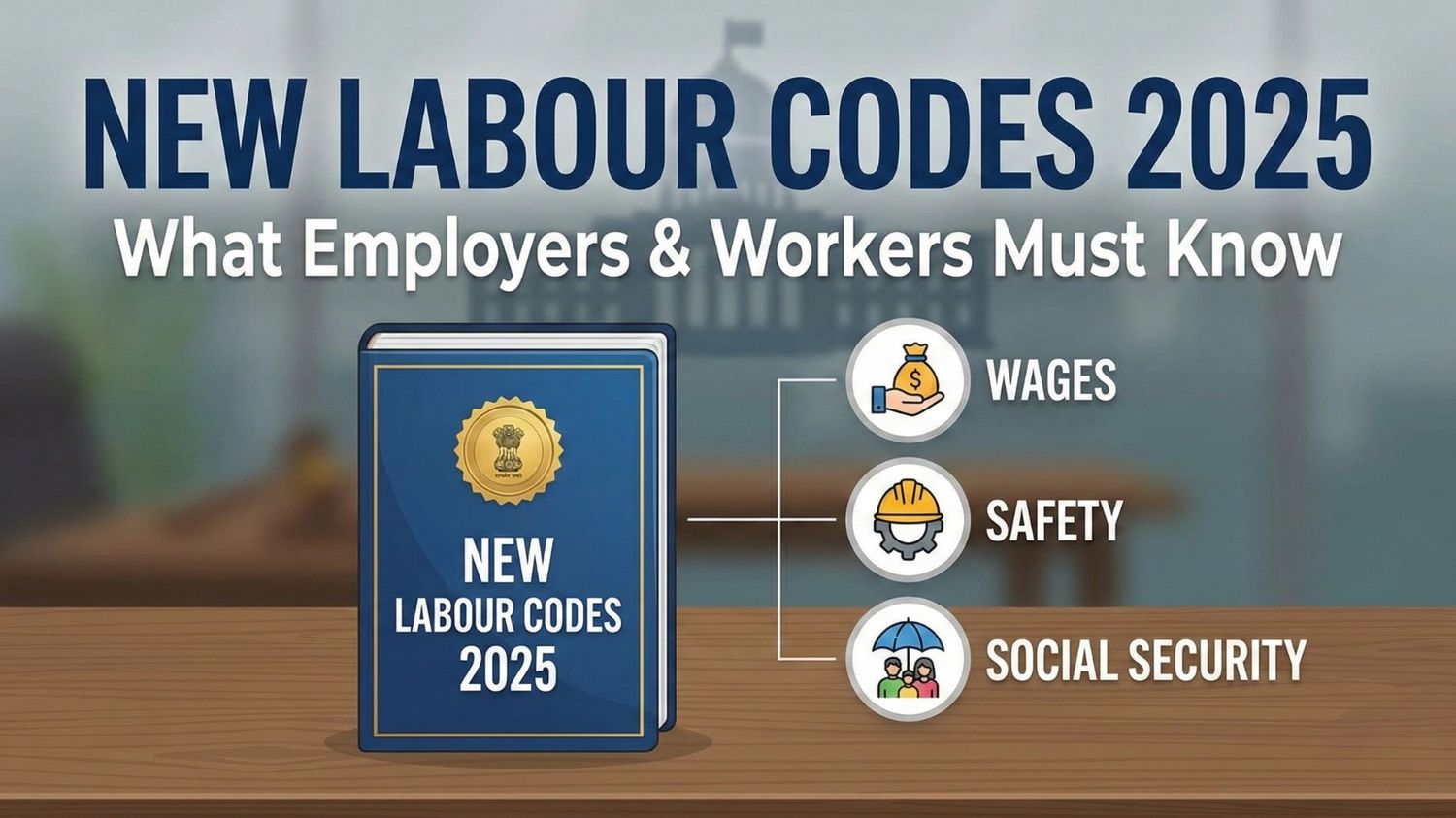 Illustration showing the New Labour Codes 2025 with icons for wages, safety, and social security, highlighting what employers and workers need to know.