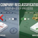 A split-screen illustration titled 'Small Company Reclassification 2025', depicting the transition of a business entity to 'Small Company' status with the subtitle 'Step-by-Step Process'
