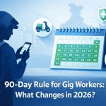 Illustration showing a gig worker checking a mobile app with a 90-day calendar, health insurance and pension icons, explaining India’s 90-day social security rule for gig workers in 2026