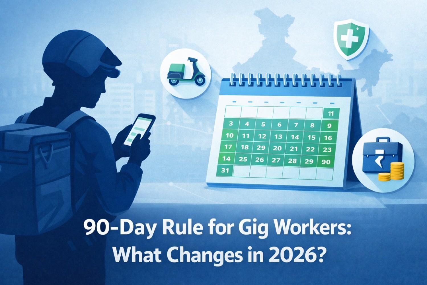 Illustration showing a gig worker checking a mobile app with a 90-day calendar, health insurance and pension icons, explaining India’s 90-day social security rule for gig workers in 2026