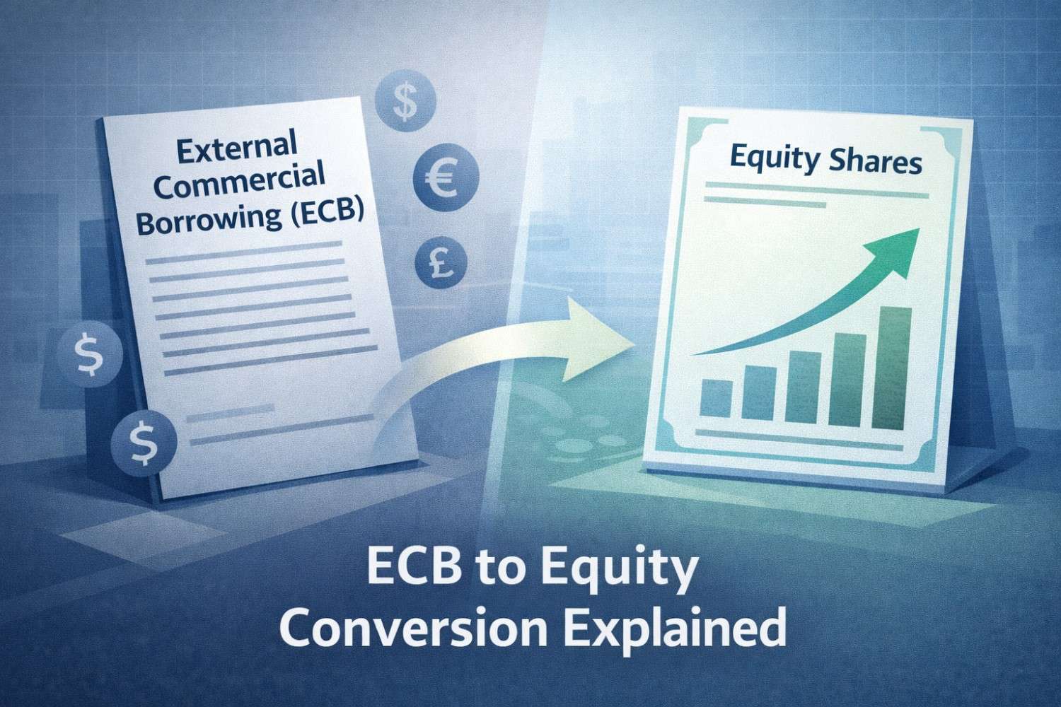 Flat semi-isometric illustration showing conversion of External Commercial Borrowing (ECB) into equity, with a loan document and foreign currency symbols transforming into equity shares and a growth arrow, representing corporate debt-to-ownership restructuring.