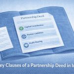 Flat illustration of a partnership deed designed like a blueprint, highlighting key clauses such as capital contribution, partner liability, and profit sharing with icons, placed on a minimal desk with a pen and checklist.
