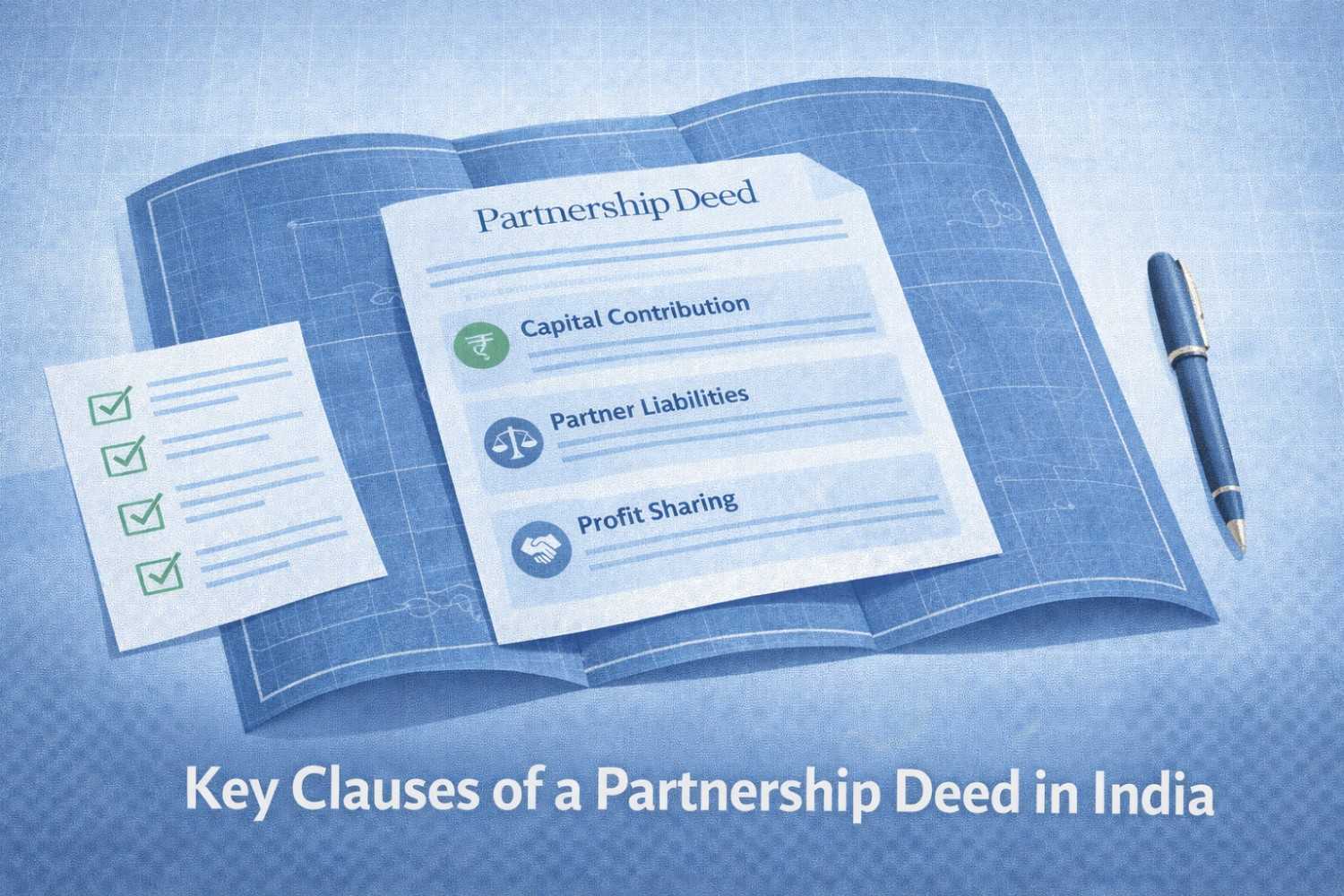 Flat illustration of a partnership deed designed like a blueprint, highlighting key clauses such as capital contribution, partner liability, and profit sharing with icons, placed on a minimal desk with a pen and checklist.