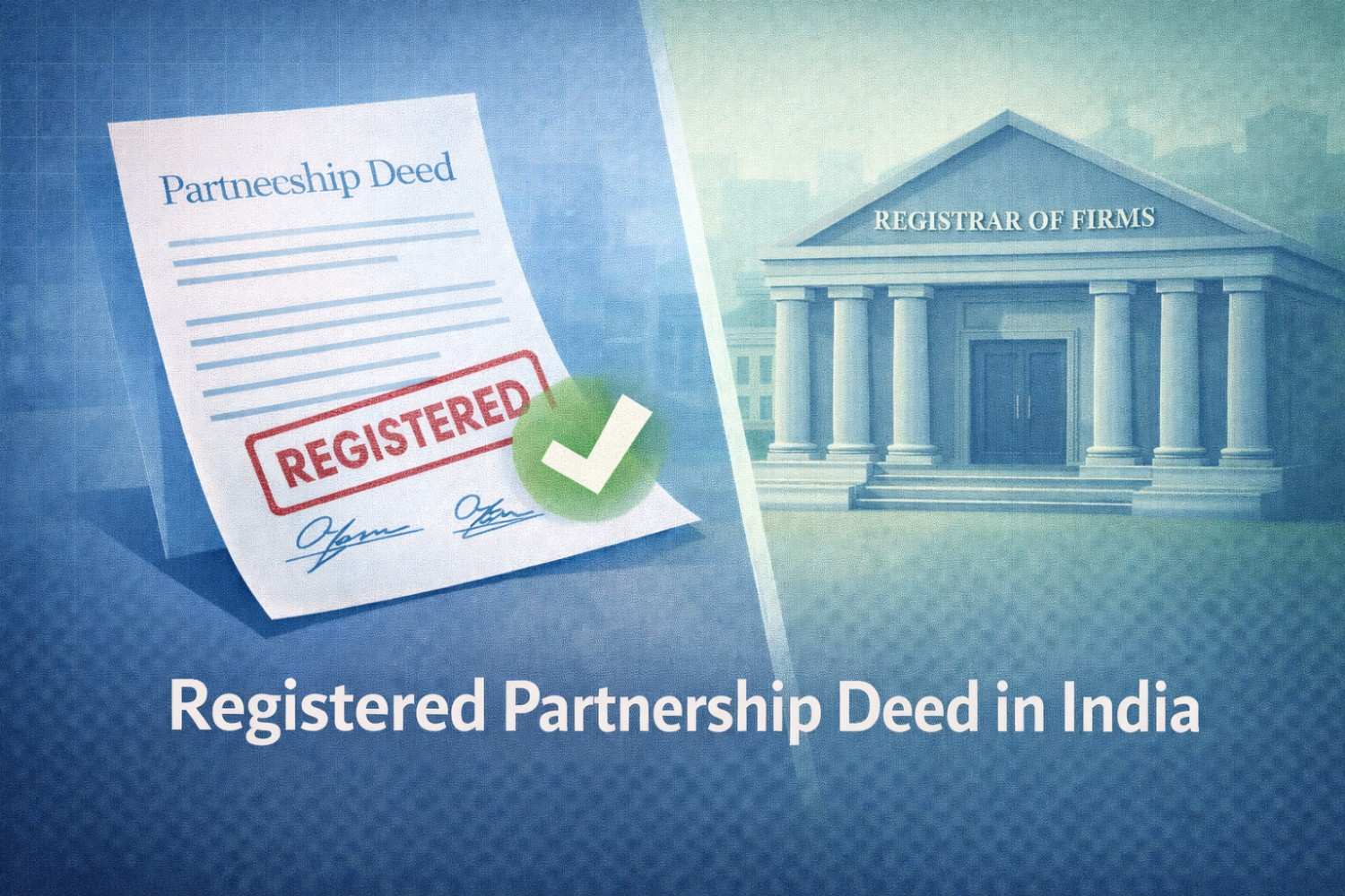 Split illustration showing a registered partnership deed with a green checkmark on one side and the Registrar of Firms government building on the other, highlighting trust, compliance, and legal recognition of a registered partnership in India.