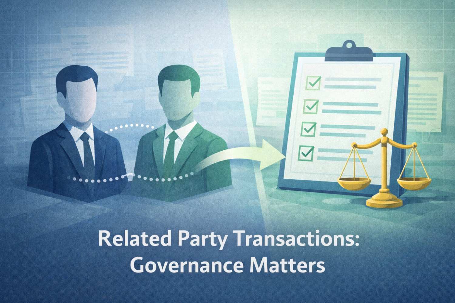 Split illustration showing two related business entities connected by a dotted line on one side and a governance checklist with a balance scale on the other, representing oversight and compliance in related party transactions under the Companies Act, 2013.