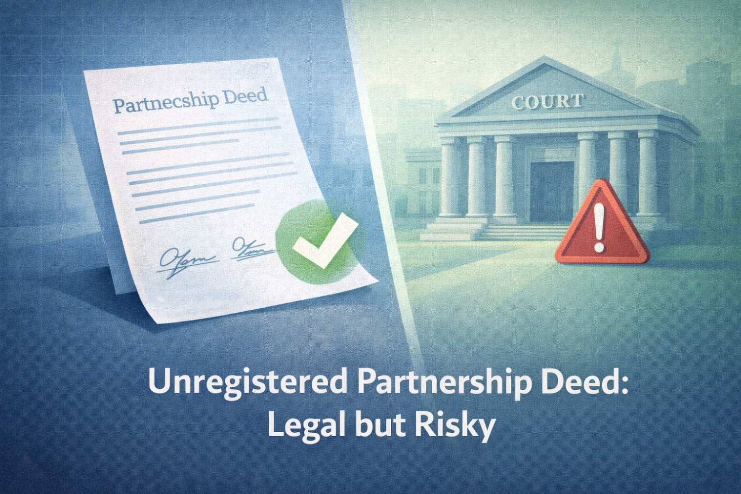 Split illustration showing a signed partnership deed with a green checkmark on one side and a court building with a red warning icon on the other, highlighting that an unregistered partnership deed is legal but carries legal risks.