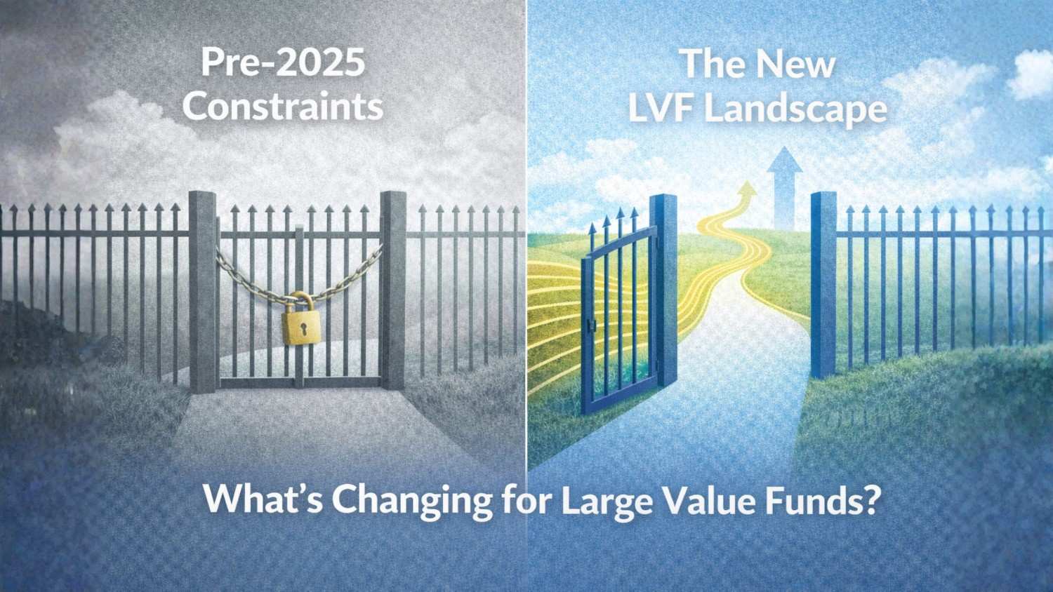 Split-screen illustration showing pre-2025 constraints for Large Value Funds with a locked gate on the left and the new LVF landscape on the right with an open gate, upward path, and growth arrows, highlighting regulatory changes and easier access under SEBI reforms.