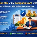Banner for Section 185 of Companies Act 2013 explaining key rules and restrictions on loans, guarantees, and securities to directors.