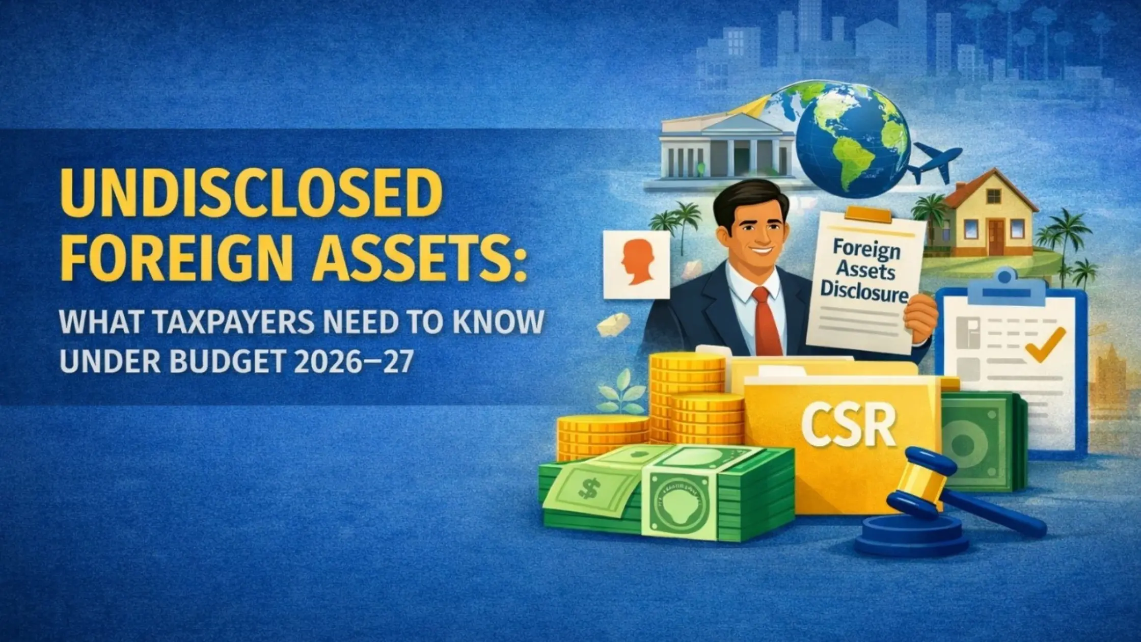 Banner showing undisclosed foreign assets compliance under Budget 2026–27 with global assets, tax disclosure document, and financial icons.