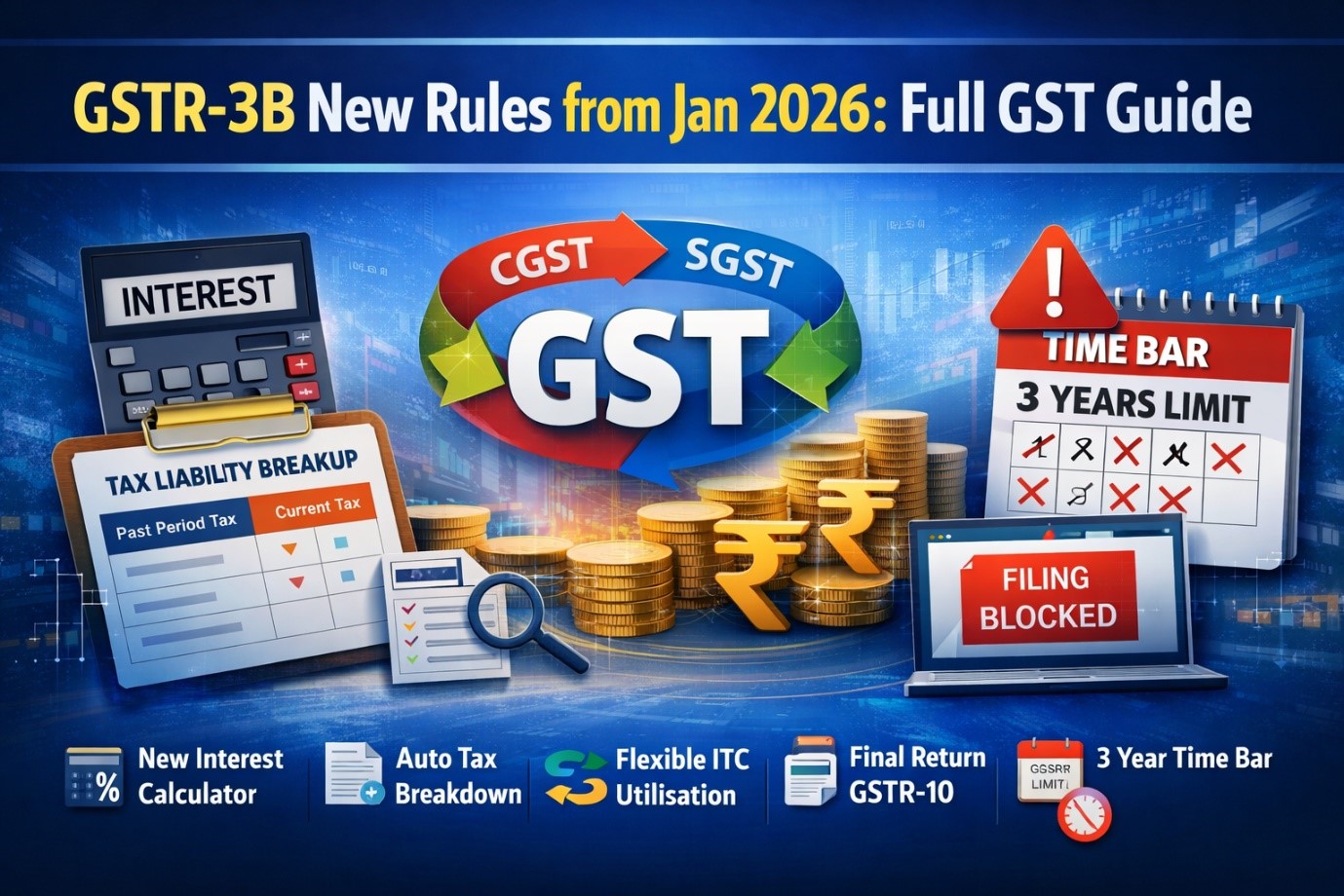 A detailed infographic banner for GST rules starting January 2026. Features 3D icons for a tax liability breakup, interest calculator, and a calendar showing a 3-year time bar limit, set against a high-tech blue background with Rupee coin stacks.