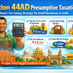Section 44AD presumptive taxation for MSMEs in India showing 6% and 8% tax benefits, turnover limit ₹3 crore, and tax saving advantages for small businesses