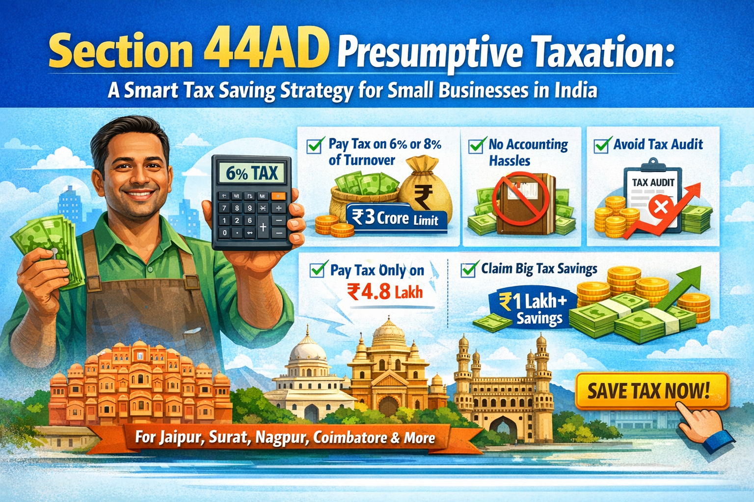 Section 44AD presumptive taxation for MSMEs in India showing 6% and 8% tax benefits, turnover limit ₹3 crore, and tax saving advantages for small businesses