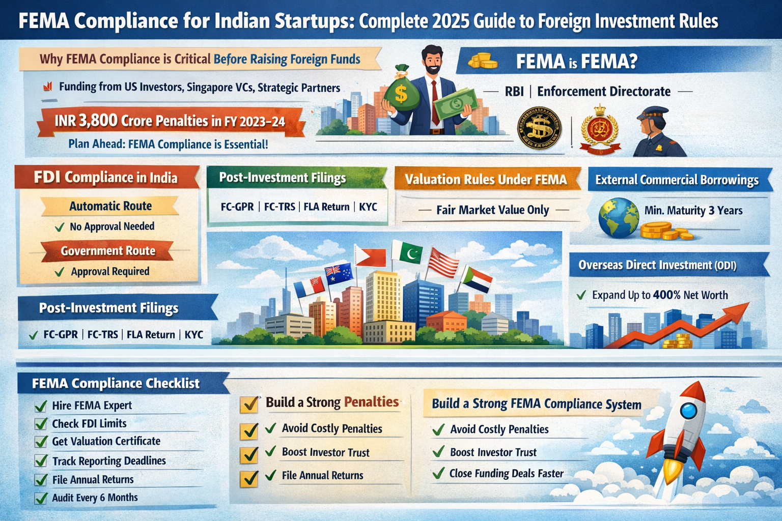 FEMA compliance guide for Indian startups 2025 including FDI rules RBI filings ECB ODI and penalties checklist