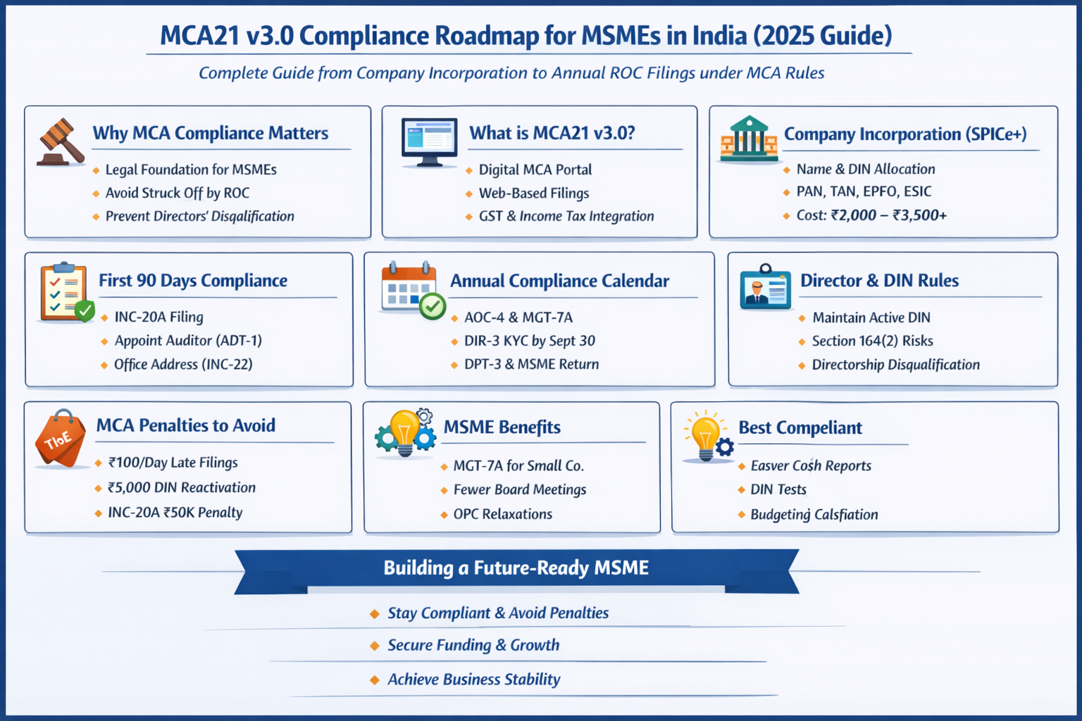 MCA21 v3.0 compliance roadmap for MSMEs in India 2025 showing incorporation, ROC filings, AOC-4, MGT-7A, DIR-3 KYC and penalties guide