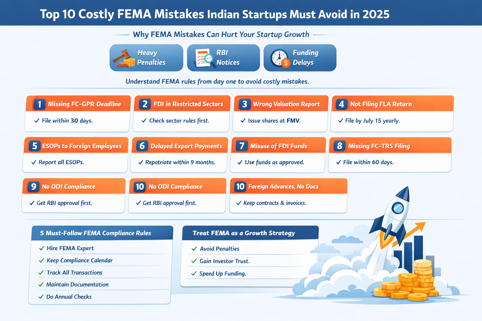 Top 10 FEMA mistakes Indian startups must avoid in 2025 including FC-GPR delay, FDI compliance errors, and RBI filing issues