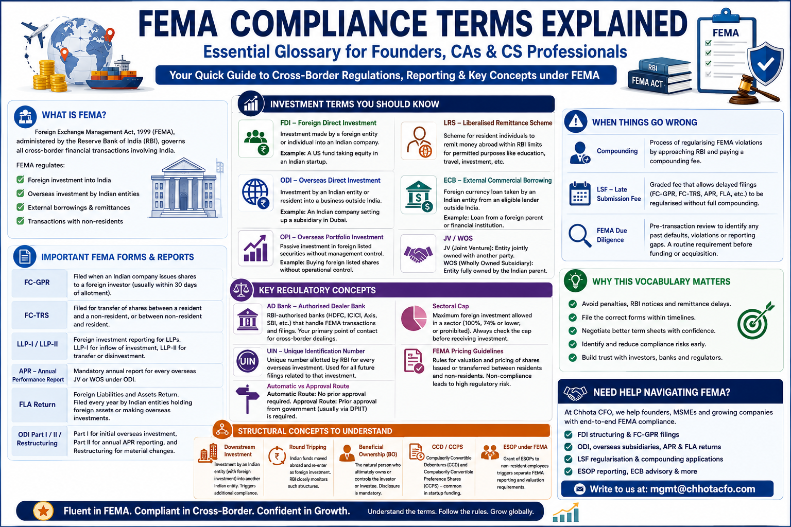 FEMA compliance terms explained infographic covering FDI, ODI, FC-GPR, ECB, APR, LRS, AD Bank, FEMA filings, and RBI compliance concepts in India