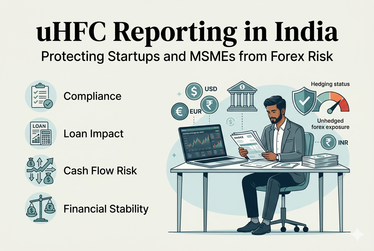 An Indian entrepreneur at a desk reviewing financial documents next to a laptop with exchange-rate charts, featuring icons for USD, EUR, INR, compliance, and a forex risk meter for unhedged foreign currency exposure.