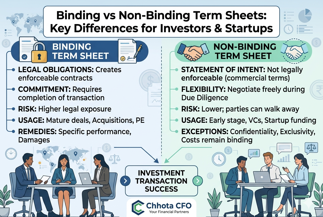 Comparison between binding and non-binding term sheets for startup fundraising and investment transactions.