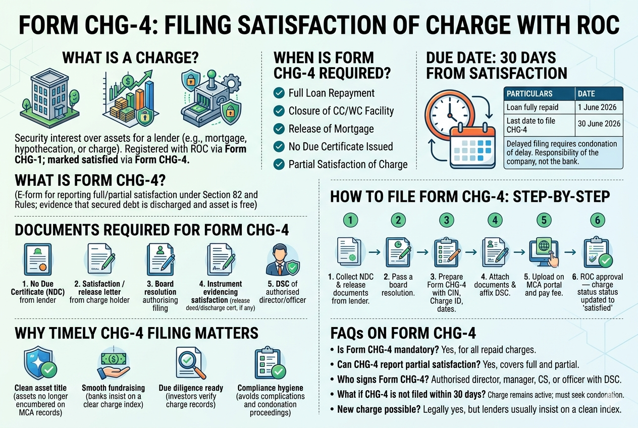 how to file Form CHG-4 for Satisfaction of Charge with the ROC. It covers the definition of a charge, filing due dates, required documents like the No Due Certificate, a step-by-step submission process, and key FAQs.