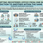 the process of shifting a company's registered office between two different ROC jurisdictions within the same state in India. The graphic details the step-by-step procedure (from Board Meeting to filing Form INC-22), required documentation, necessary e-forms like MGT-14, INC-23, INC-28, and common compliance mistakes to avoid.