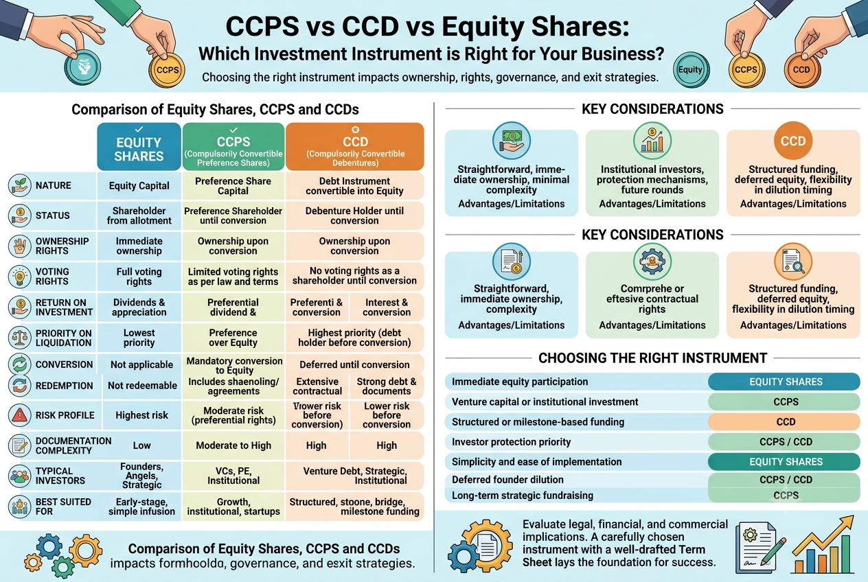 CCPS (Compulsorily Convertible Preference Shares), and CCD (Compulsorily Convertible Debentures) detailing voting rights, risk profiles, liquidation priority, and suitability for business fundraising.