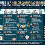 Key Clauses in a Non-Disclosure Agreement (NDA)", detailing 10 critical sections including Definition of Confidential Information, Purpose of Disclosure, Confidentiality Obligations, and common pitfalls for startups.