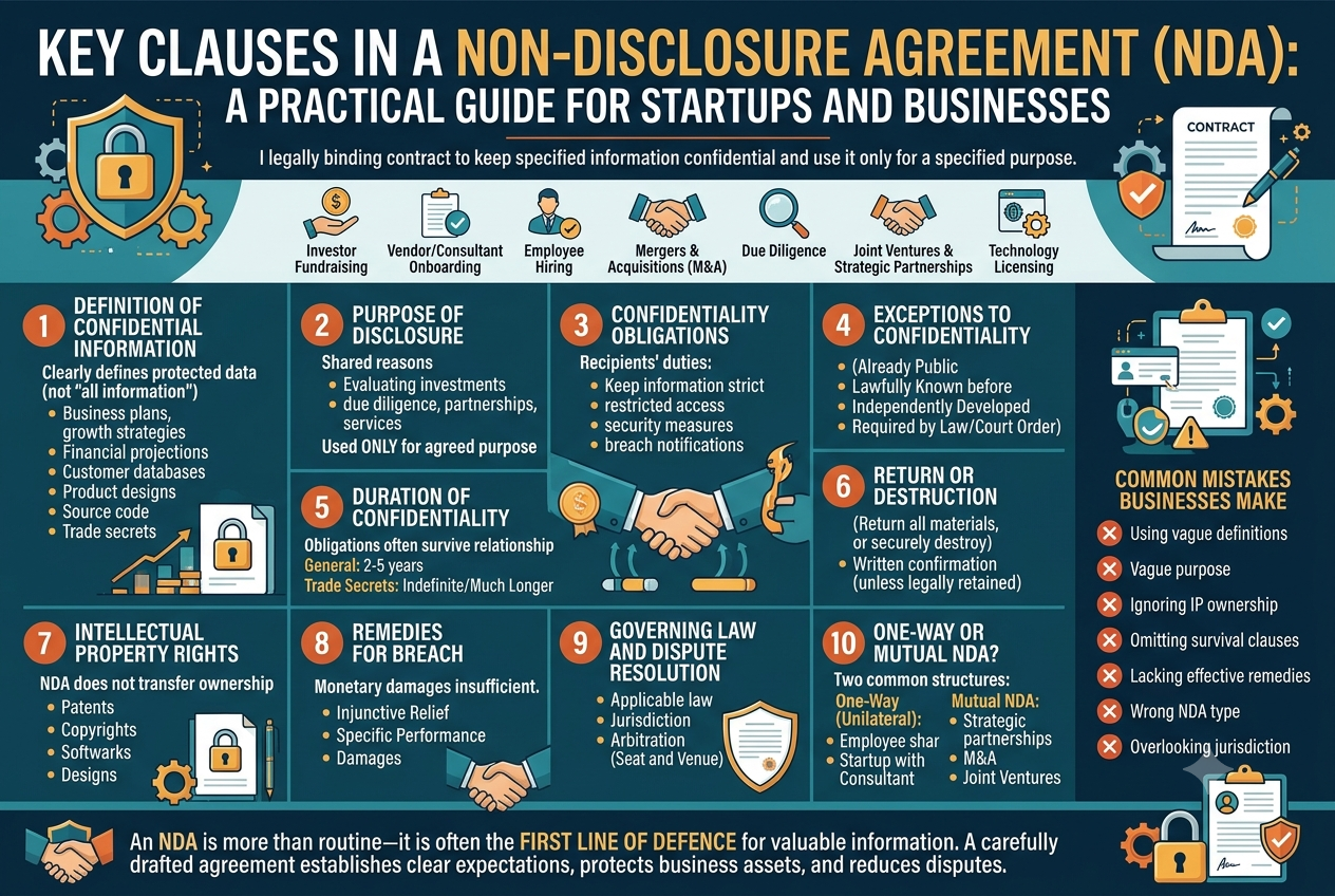 Key Clauses in a Non-Disclosure Agreement (NDA)", detailing 10 critical sections including Definition of Confidential Information, Purpose of Disclosure, Confidentiality Obligations, and common pitfalls for startups.