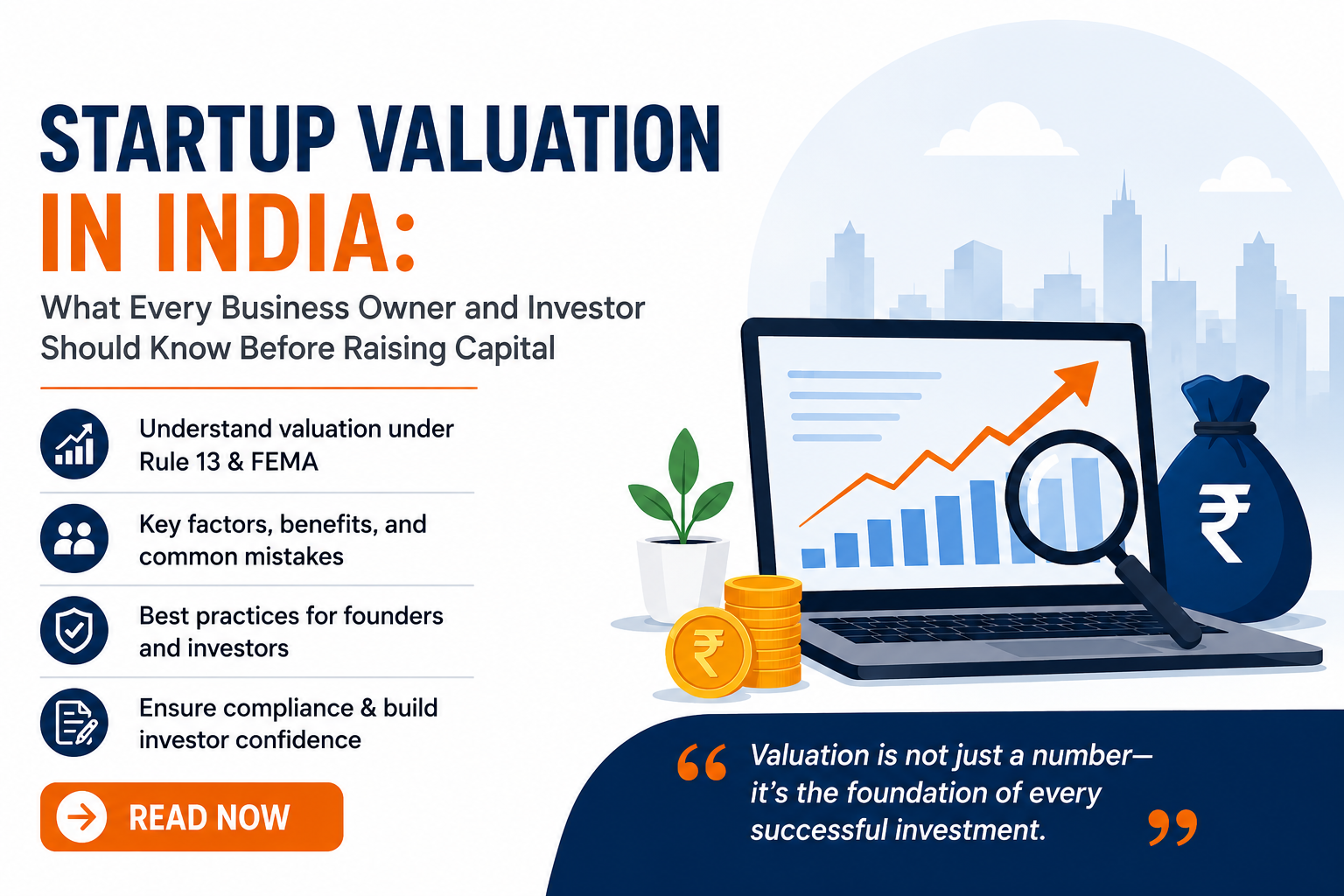 Startup Valuation in India infographic explaining Rule 13, FEMA valuation guidelines, business valuation process, and fundraising compliance for founders and investors.