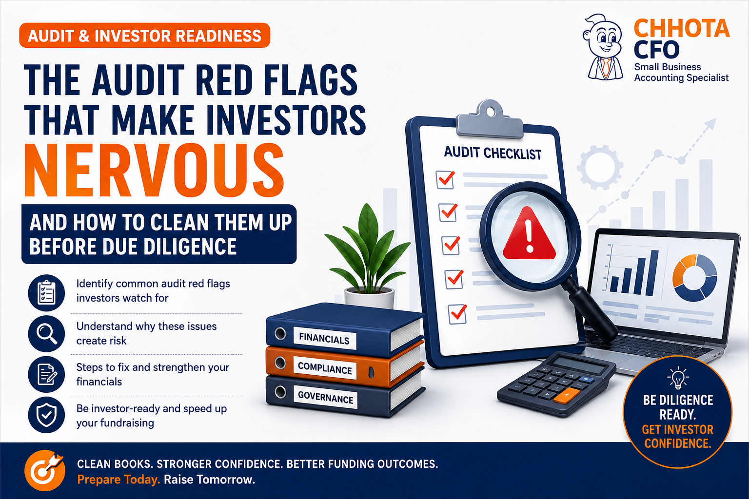Audit red flags before investor due diligence including related-party transactions, revenue recognition, governance compliance, and financial audit readiness guide by Chhota CFO.