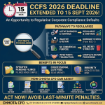 MCA CCFS 2026 extension to 15 September 2026, featuring key highlights, decision matrices for corporate status, relevant compliance areas, and Chhota CFO assistance services.